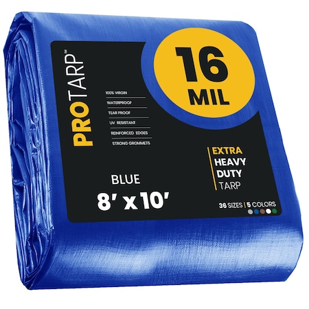 Heavy Duty Tarp, 8 ft x 10 ft, 16 Mil, Blue, Polyethylene, Waterproof, Rip and Tear Proof